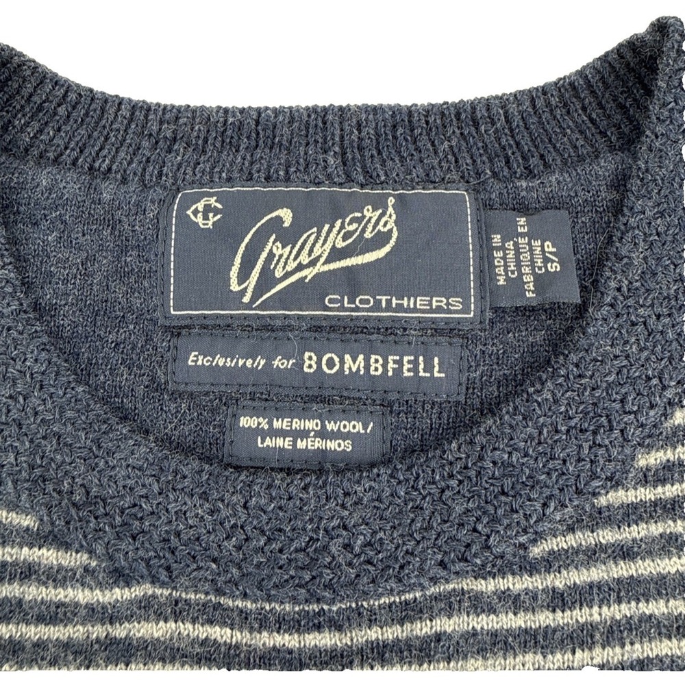 Grayers Sweater Men's Small Blue Gray Stripe Merino Wool Crewneck Casual - Picture 4 of 9
